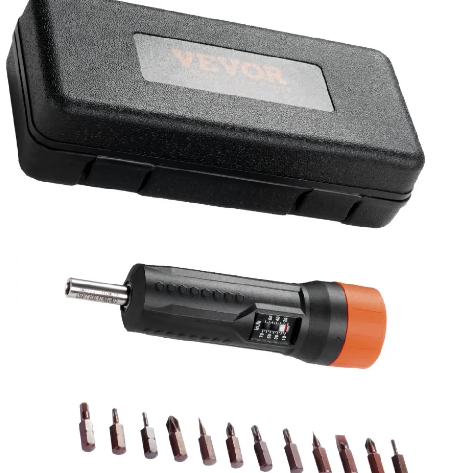 VEVOR 1/4" Drive Torque Screwdriver Wrench Set | 10-70 in-lbs Torque Adjustment Range | 1 in-lb Increment Torque Screwdriver | Driver Bits Set with View Window, 12 Bits & Case, Magnetic Function
