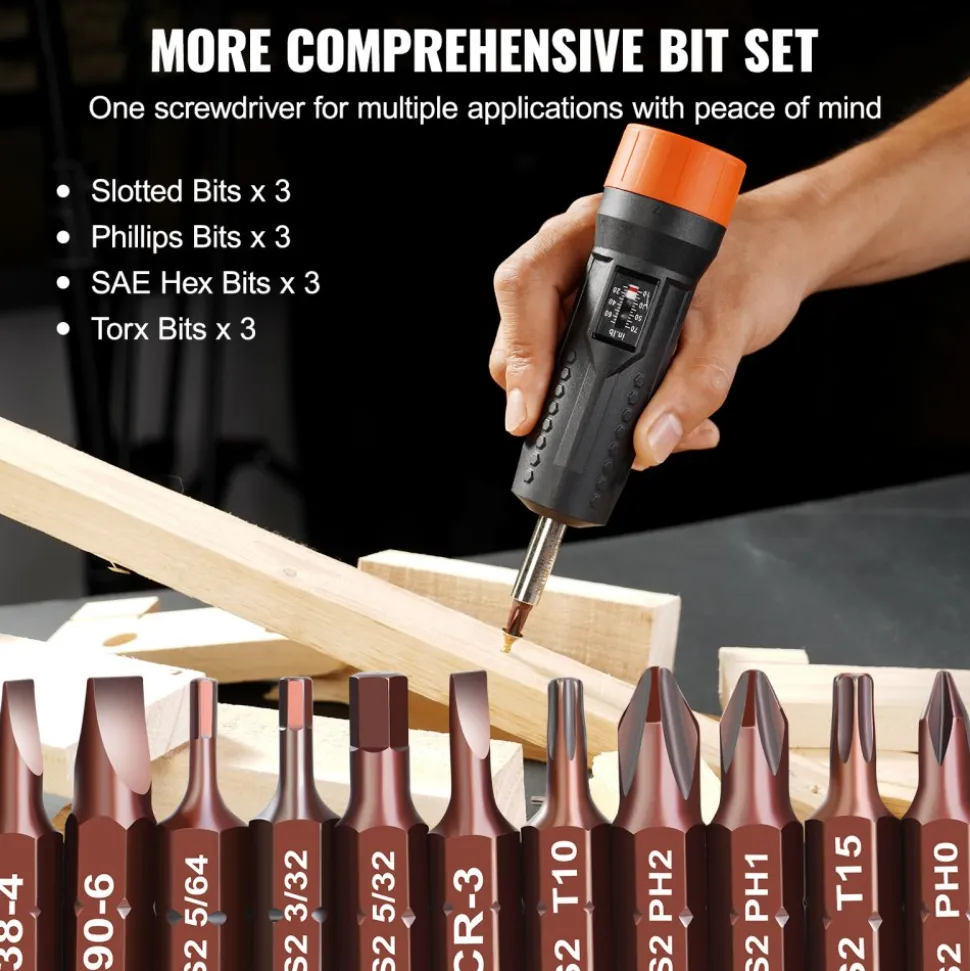 VEVOR 1/4" Drive Torque Screwdriver Wrench Set | 10-70 in-lbs Torque Adjustment Range | 1 in-lb Increment Torque Screwdriver | Driver Bits Set with View Window, 12 Bits & Case, Magnetic Function
