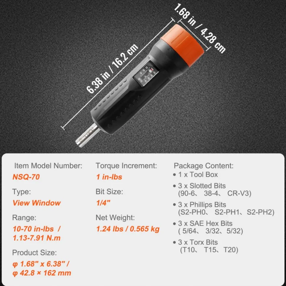VEVOR 1/4" Drive Torque Screwdriver Wrench Set | 10-70 in-lbs Torque Adjustment Range | 1 in-lb Increment Torque Screwdriver | Driver Bits Set with View Window, 12 Bits & Case, Magnetic Function
