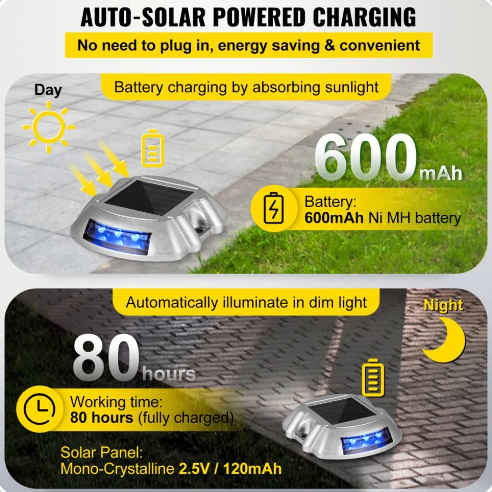 VEVOR Driveway Lights 16-Pack, Solar Driveway Lights with Switch Button, Solar Deck Lights Waterproof, Wireless Dock Lights 6 LEDs for Path Warning Garden Walkway Sidewalk Steps, LED Bright Blue