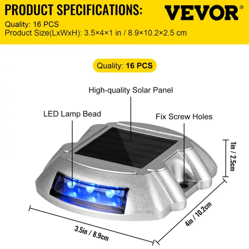 VEVOR Driveway Lights 16-Pack, Solar Driveway Lights with Switch Button, Solar Deck Lights Waterproof, Wireless Dock Lights 6 LEDs for Path Warning Garden Walkway Sidewalk Steps, LED Bright Blue