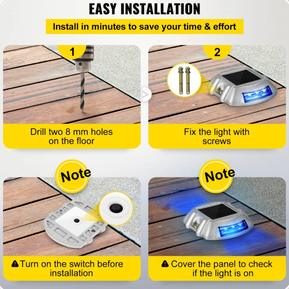 VEVOR Driveway Lights 16-Pack, Solar Driveway Lights with Switch Button, Solar Deck Lights Waterproof, Wireless Dock Lights 6 LEDs for Path Warning Garden Walkway Sidewalk Steps, LED Bright Blue