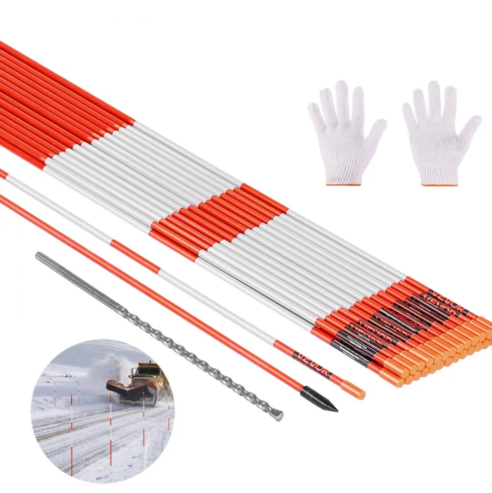 VEVOR Driveway Markers, 500Pcs 48 in Long 1/4 in Dia, Hi-Visibility Driveway Reflectors with 12 in Steel Drill Bits, Reflective Snow Sticks Fiberglass Pole for Parking Lots, Walkways, Snow Plowing