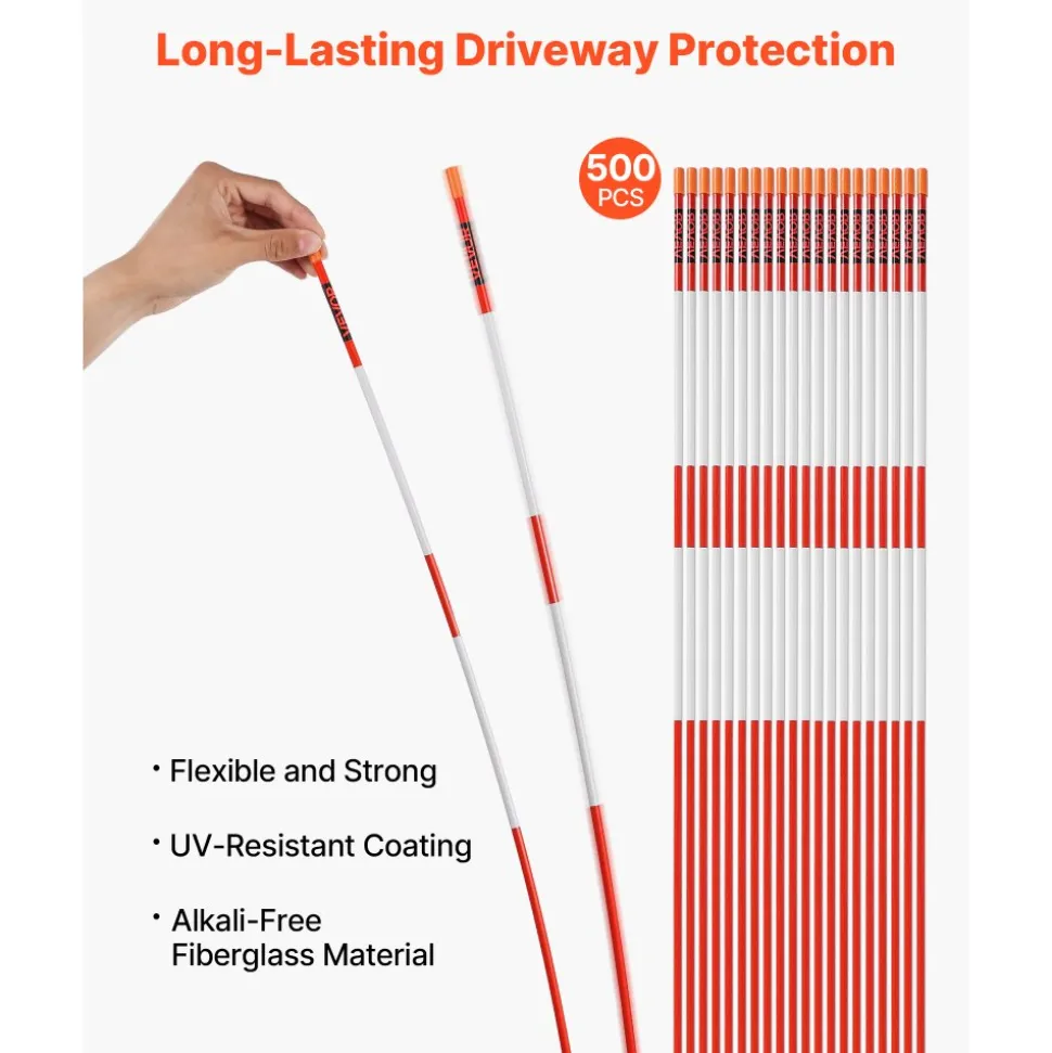 VEVOR Driveway Markers, 500Pcs 48 in Long 1/4 in Dia, Hi-Visibility Driveway Reflectors with 12 in Steel Drill Bits, Reflective Snow Sticks Fiberglass Pole for Parking Lots, Walkways, Snow Plowing