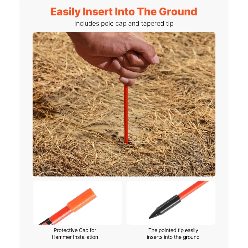 VEVOR Driveway Markers, 200Pcs 48 in Long 1/4 in Dia, Hi-Visibility Driveway Reflectors with 12 in Steel Drill Bits, Reflective Snow Sticks Fiberglass Pole for Parking Lots, Walkways, Snow Plowing