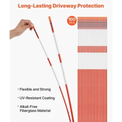 VEVOR Driveway Markers, 100 PCS 48 inch, 0.31 inch Diameter, Orange Fiberglass Poles Snow Stakes with Reflective Tape, 12
