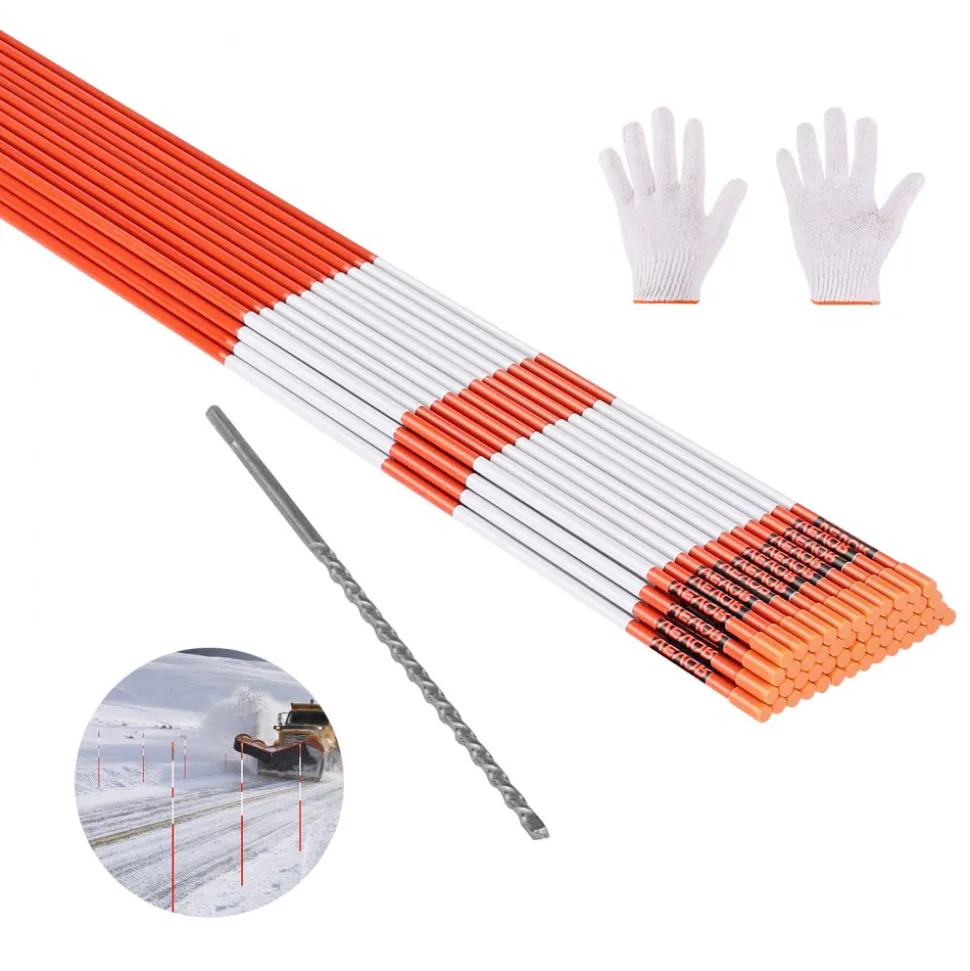 VEVOR Driveway Markers, 100 PCS 48 inch, 0.31 inch Diameter, Orange Fiberglass Poles Snow Stakes with Reflective Tape, 12" Steel Drill Bit & Protection Gloves for Parking Lots, Walkways Easy Visibility