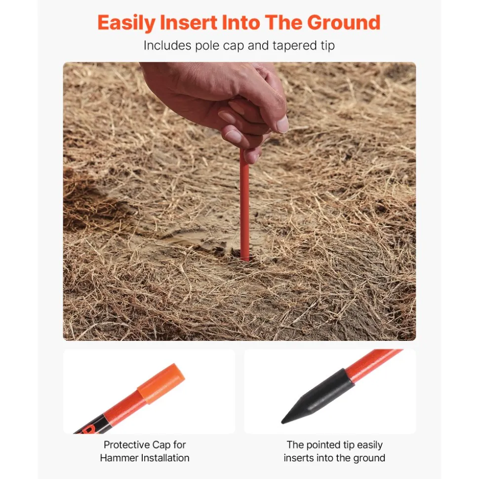 VEVOR Driveway Markers, 100 PCS 48 inch, 0.31 inch Diameter, Orange Fiberglass Poles Snow Stakes with Reflective Tape, 12" Steel Drill Bit & Protection Gloves for Parking Lots, Walkways Easy Visibility