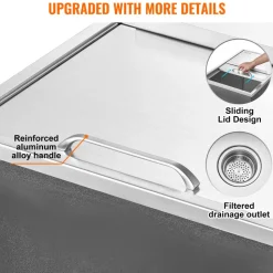 VEVOR Drop in Ice Chest, 20"L x 16"W x 13"H Stainless Steel Drop in Cooler, 44.7 Quart Commercial Ice Bin with Flip Lid for Outdoor Kitchen Patio Bar, Drain-pipe Set Included, for Cold Wine Beer