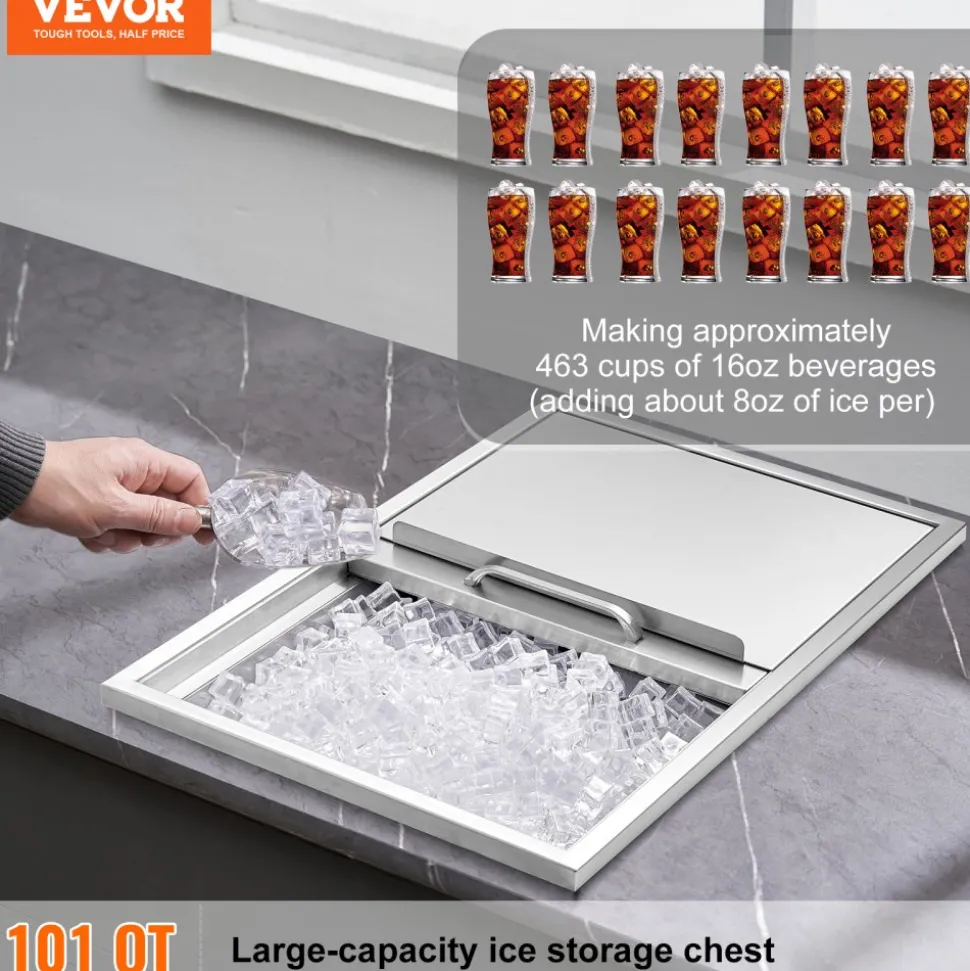 VEVOR Drop in Ice Chest, 20"L x 16"W x 13"H Stainless Steel Drop in Cooler, 44.7 Quart Commercial Ice Bin with Flip Lid for Outdoor Kitchen Patio Bar, Drain-pipe Set Included, for Cold Wine Beer