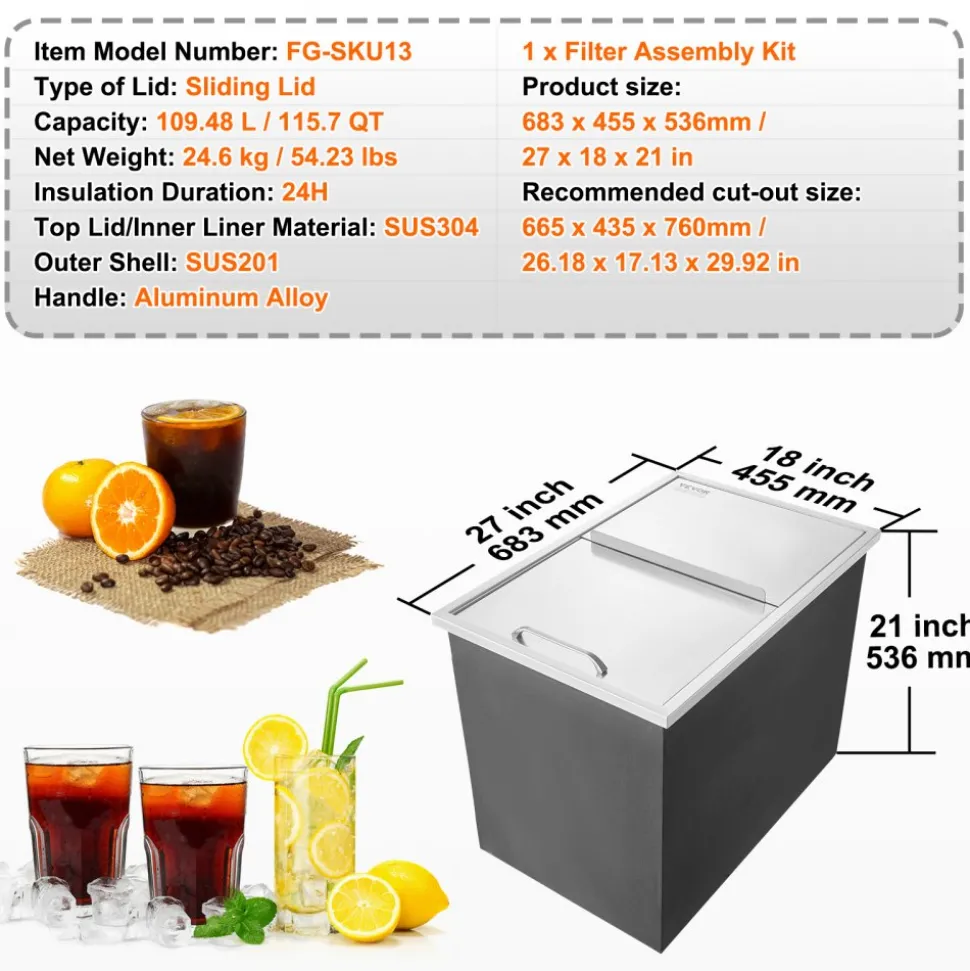 VEVOR Drop in Ice Chest, 20"L x 16"W x 13"H Stainless Steel Drop in Cooler, 44.7 Quart Commercial Ice Bin with Flip Lid for Outdoor Kitchen Patio Bar, Drain-pipe Set Included, for Cold Wine Beer