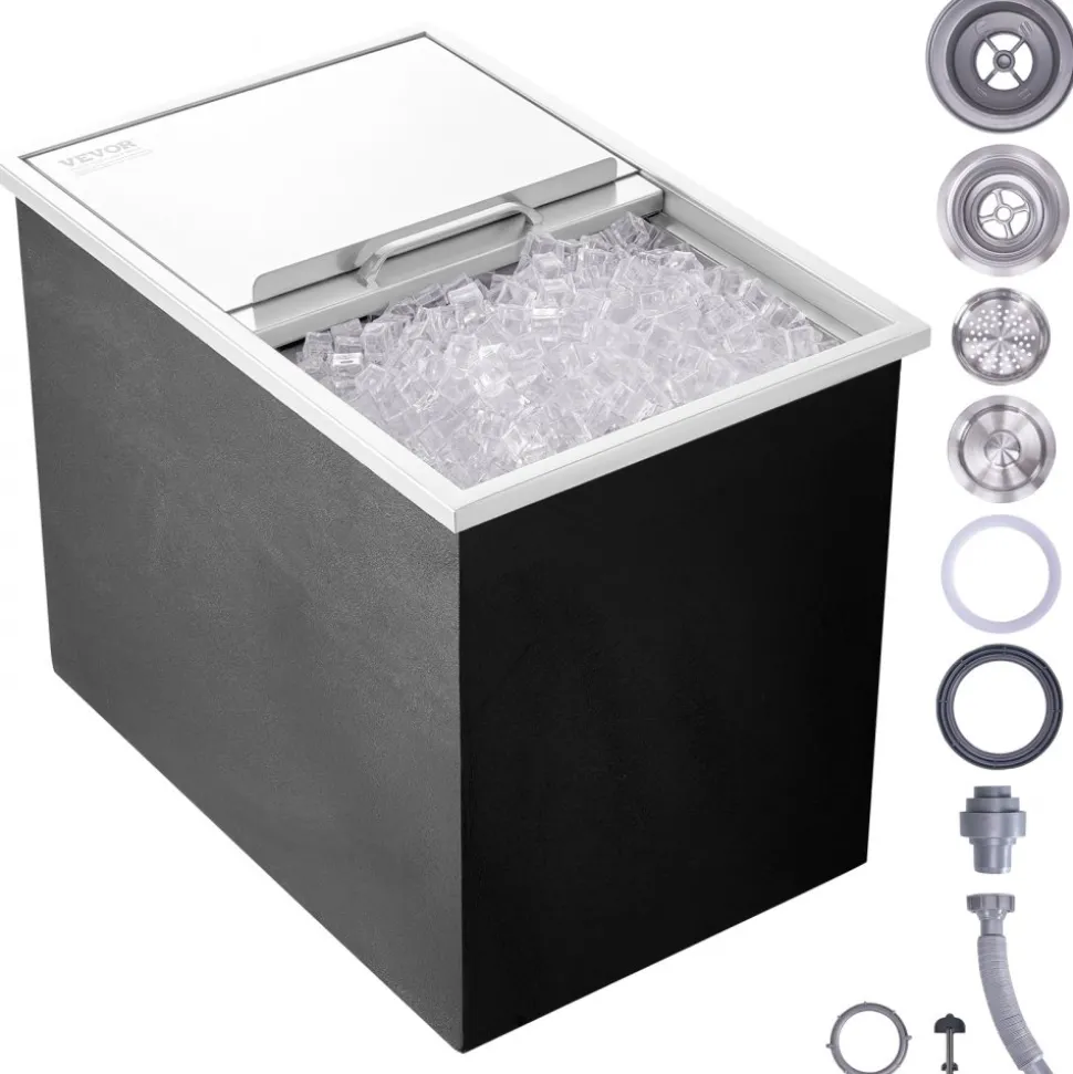 VEVOR Drop in Ice Chest, 20"L x 16"W x 13"H Stainless Steel Drop in Cooler, 44.7 Quart Commercial Ice Bin with Flip Lid for Outdoor Kitchen Patio Bar, Drain-pipe Set Included, for Cold Wine Beer