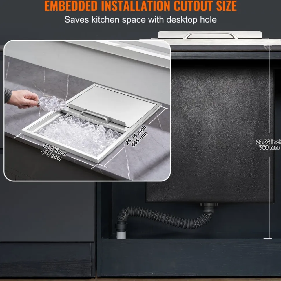 VEVOR Drop in Ice Chest, 20"L x 16"W x 13"H Stainless Steel Drop in Cooler, 44.7 Quart Commercial Ice Bin with Flip Lid for Outdoor Kitchen Patio Bar, Drain-pipe Set Included, for Cold Wine Beer