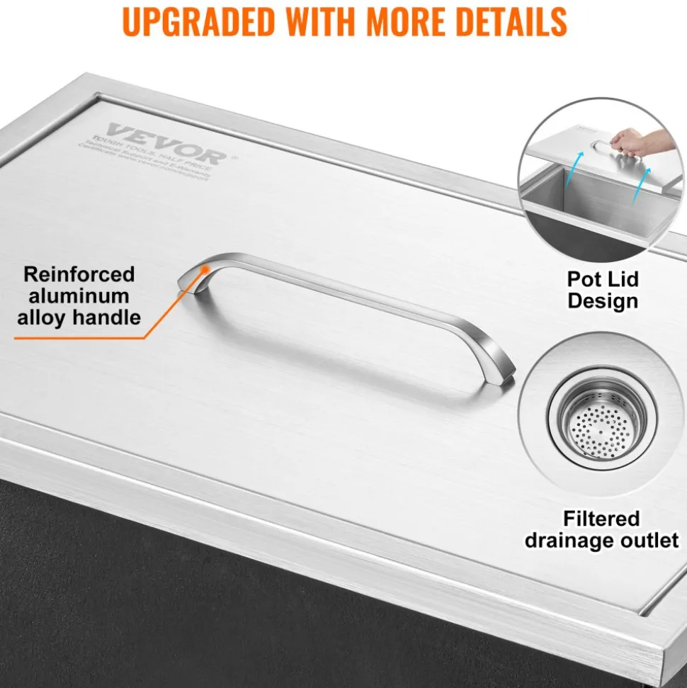 VEVOR Drop in Ice Chest, 20"L x 14"W x 12"H Stainless Steel Ice Cooler, Commercial Ice Bin with Cover, 40 qt Outdoor Kitchen Ice Bar, Drain-pipe and Drain Plug Included, for Cold Wine Beer