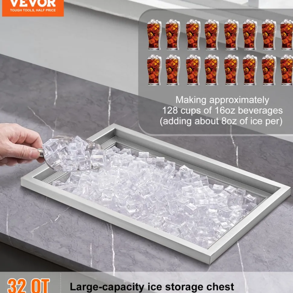 VEVOR Drop in Ice Chest, 20"L x 14"W x 12"H Stainless Steel Ice Cooler, Commercial Ice Bin with Cover, 40 qt Outdoor Kitchen Ice Bar, Drain-pipe and Drain Plug Included, for Cold Wine Beer