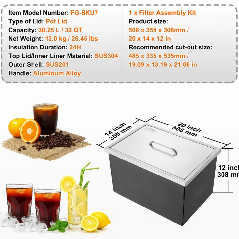 VEVOR Drop in Ice Chest, 20"L x 14"W x 12"H Stainless Steel Ice Cooler, Commercial Ice Bin with Cover, 40 qt Outdoor Kitchen Ice Bar, Drain-pipe and Drain Plug Included, for Cold Wine Beer