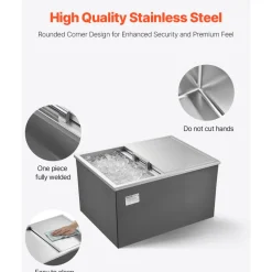 VEVOR Drop in Ice Chest, 24"L x 18"W x 13"H Stainless Steel Drop in Cooler, 57.8 Quart Commercial Ice Bin with Sliding Lid for Outdoor Kitchen Patio Bar, Drain-pipe Set Included, for Cold Wine Beer