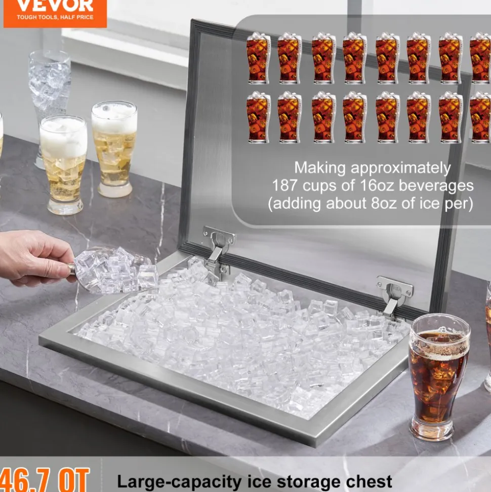 VEVOR Drop in Ice Chest, 20"L x 14"W x 12"H Stainless Steel Drop in Cooler, 31.7 Quart Commercial Ice Bin with Pot Lid for Outdoor Kitchen Patio Bar, Drain-pipe Set Included, for Cold Wine Beer