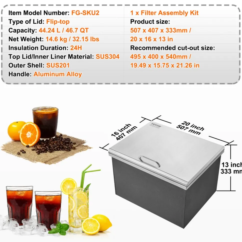VEVOR Drop in Ice Chest, 20"L x 14"W x 12"H Stainless Steel Drop in Cooler, 31.7 Quart Commercial Ice Bin with Pot Lid for Outdoor Kitchen Patio Bar, Drain-pipe Set Included, for Cold Wine Beer