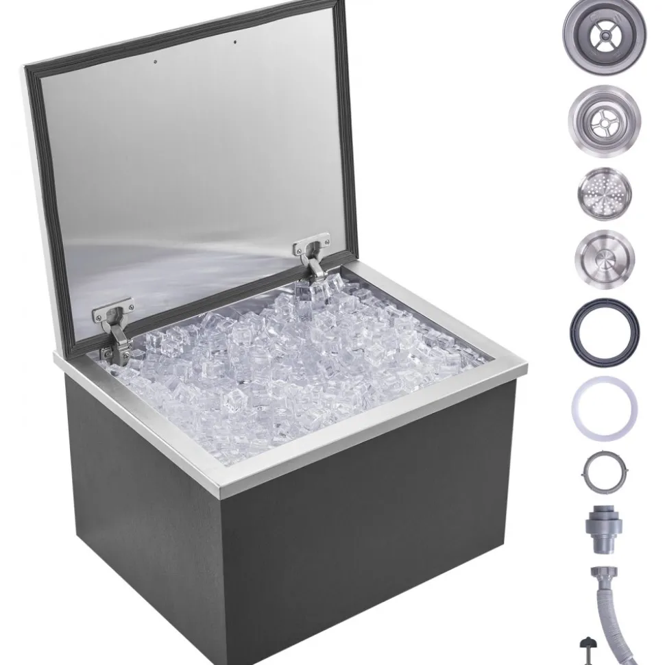 VEVOR Drop in Ice Chest, 20"L x 14"W x 12"H Stainless Steel Drop in Cooler, 31.7 Quart Commercial Ice Bin with Pot Lid for Outdoor Kitchen Patio Bar, Drain-pipe Set Included, for Cold Wine Beer
