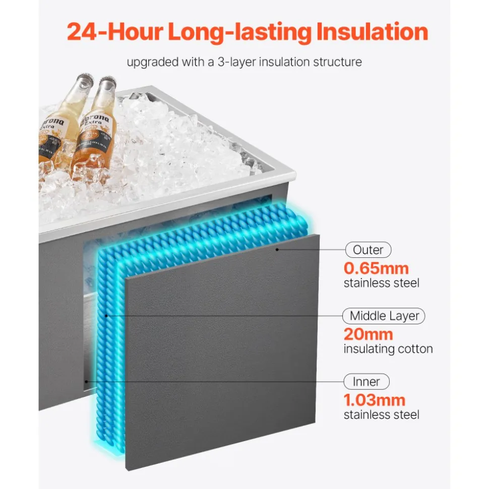 VEVOR Drop in Ice Chest, 22"L x 17"W x 12"H Stainless Steel Drop in Cooler, 45.3 Quart Commercial Ice Bin with Pot Lid for Outdoor Kitchen Patio Bar, Drain-pipe Set Included, for Cold Wine Beer