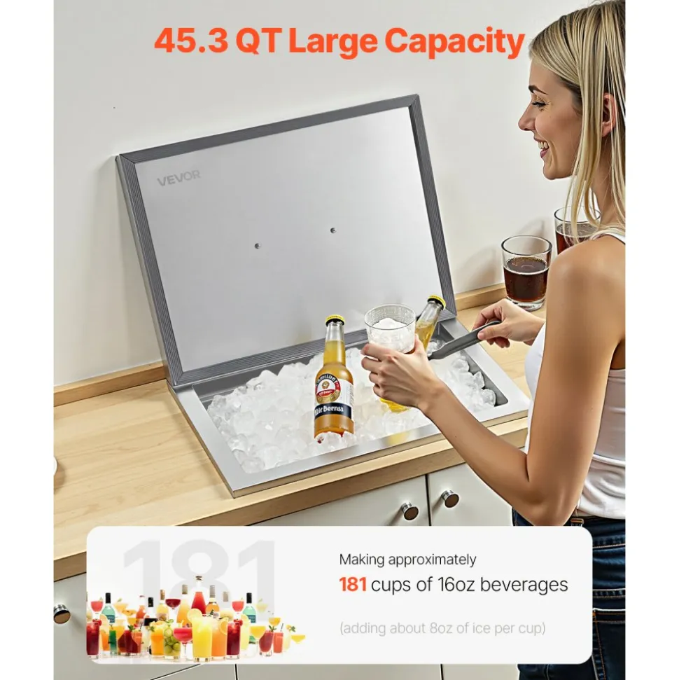 VEVOR Drop in Ice Chest, 22"L x 17"W x 12"H Stainless Steel Drop in Cooler, 45.3 Quart Commercial Ice Bin with Pot Lid for Outdoor Kitchen Patio Bar, Drain-pipe Set Included, for Cold Wine Beer