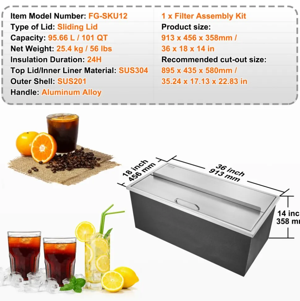 VEVOR Drop in Ice Chest, 36"L x 18"W x 14"H Stainless Steel Ice Cooler, Commercial Ice Bin with Sliding Cover, 40.9 qt Outdoor Kitchen Ice Bar, Drain-pipe and Drain Plug Included, for Cold Wine Beer