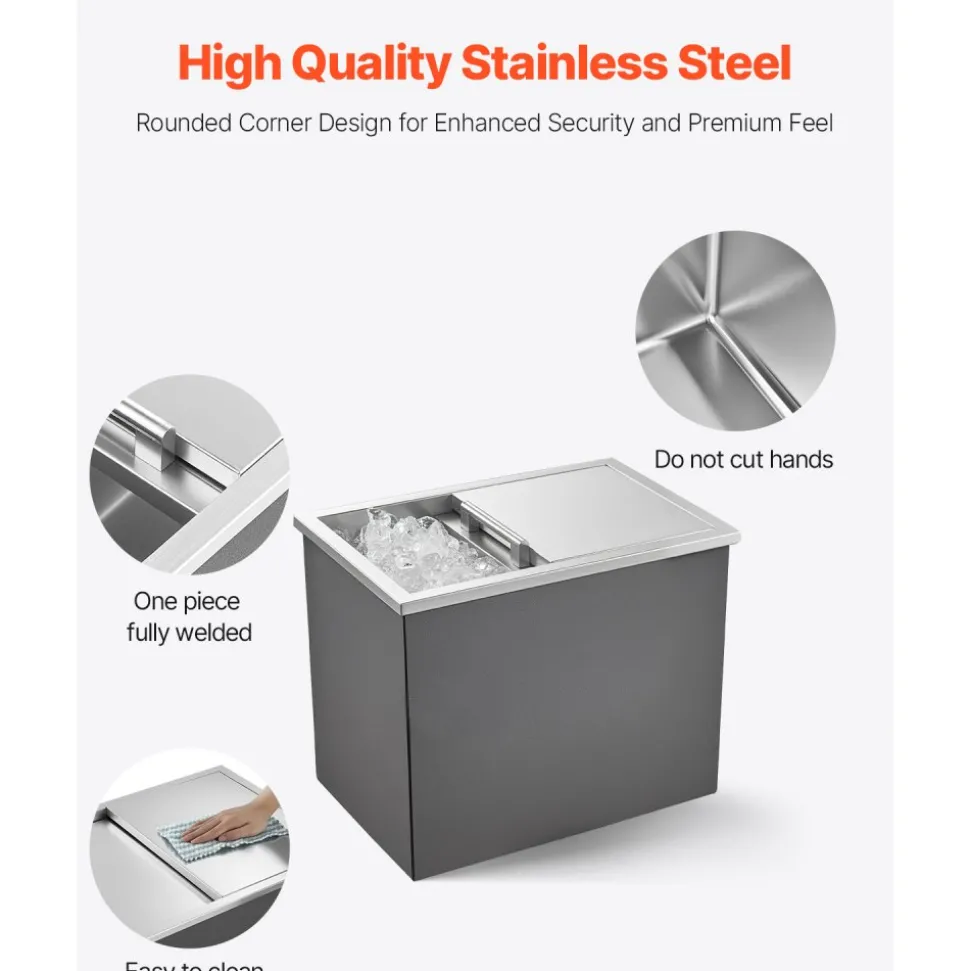 VEVOR Drop in Ice Chest, 18"L x 12"W x 15"H Stainless Steel Drop in Cooler, 28.6 Quart Commercial Ice Bin with Sliding Lid for Outdoor Kitchen Patio Bar, Drain-pipe Set Included, for Cold Wine Beer