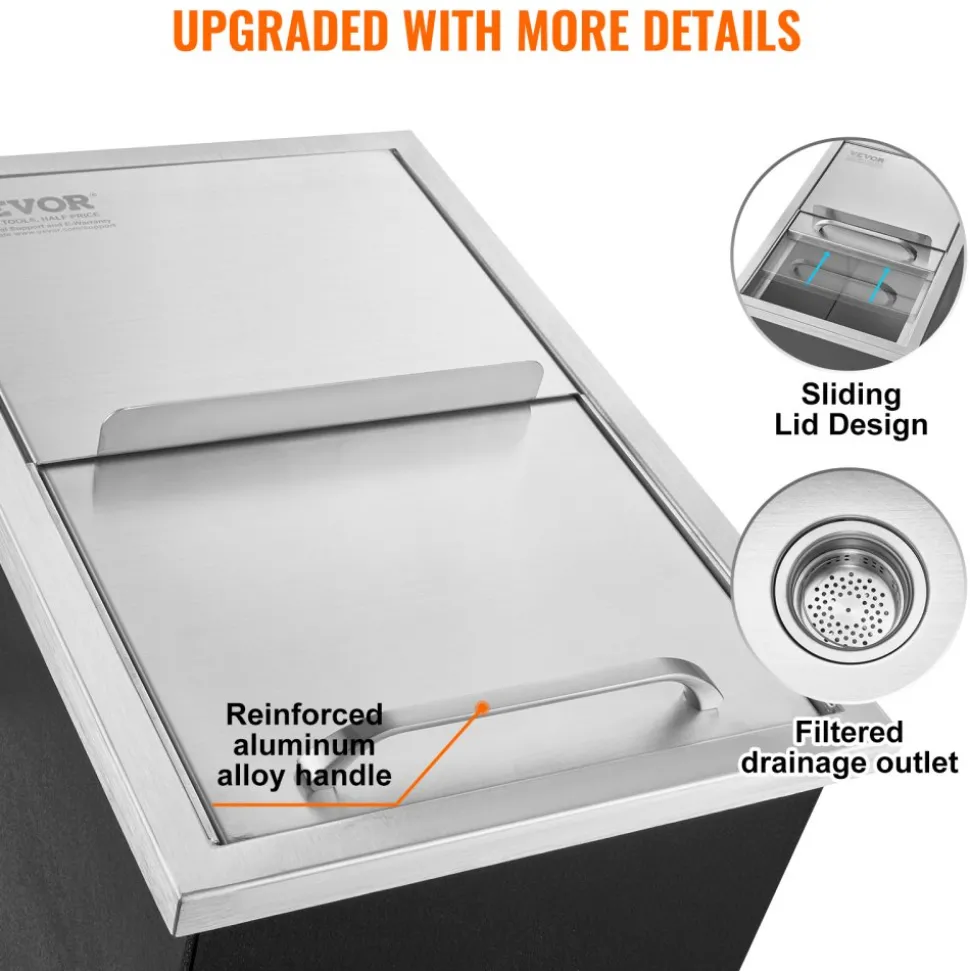 VEVOR Drop in Ice Chest, 18"L x 12"W x 14.5"H Stainless Steel Ice Cooler, Commercial Ice Bin with Sliding Cover, 40.9 qt Outdoor Kitchen Ice Bar, Drain-pipe and Drain Plug Included, for Cold Wine Beer