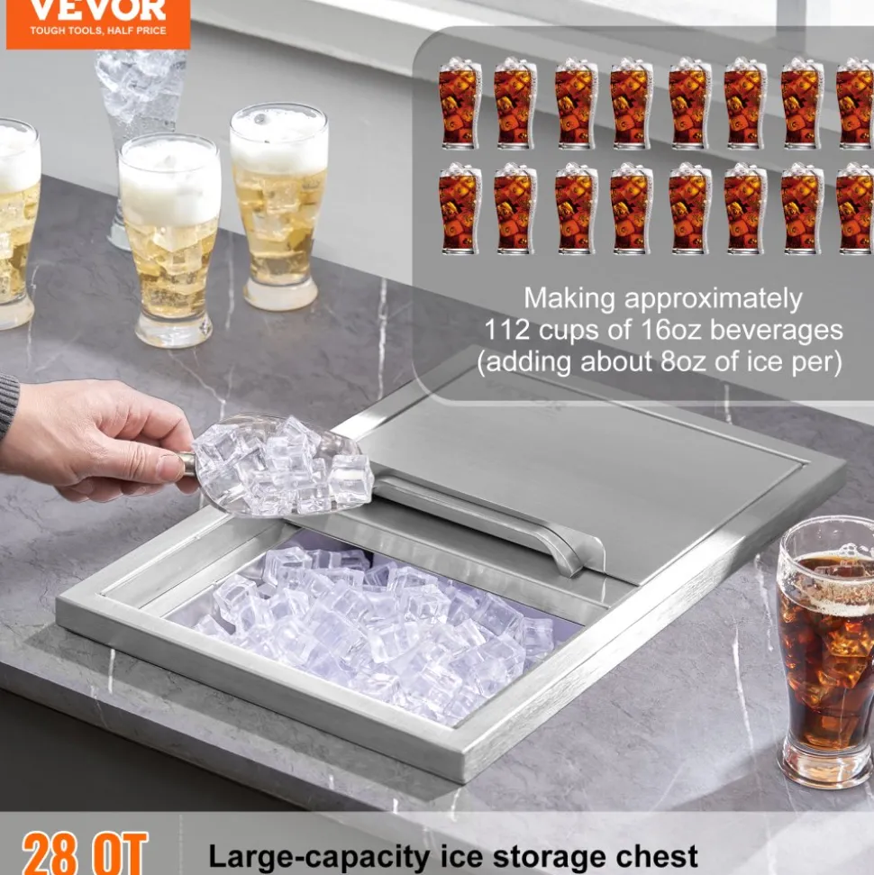 VEVOR Drop in Ice Chest, 18"L x 12"W x 14.5"H Stainless Steel Ice Cooler, Commercial Ice Bin with Sliding Cover, 40.9 qt Outdoor Kitchen Ice Bar, Drain-pipe and Drain Plug Included, for Cold Wine Beer