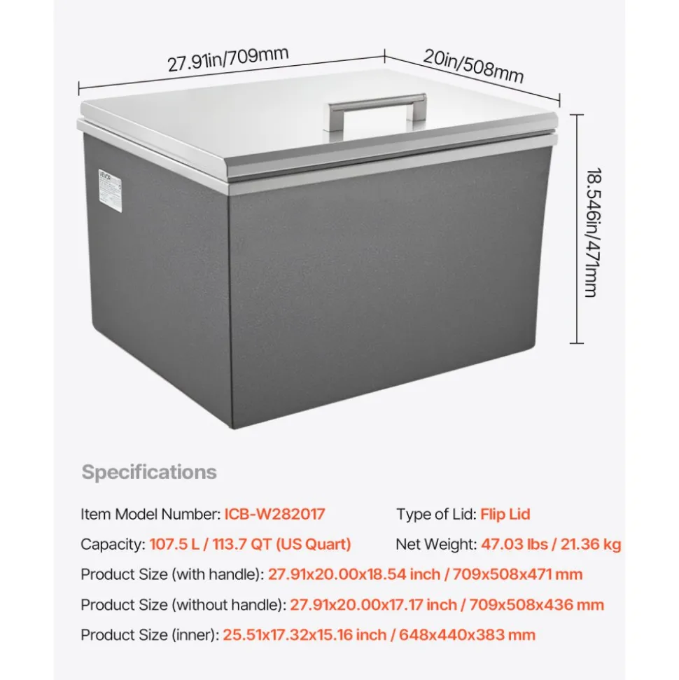 VEVOR Drop in Ice Chest, 28"L x 20"W x 17"H Stainless Steel Drop in Cooler, 113.7 Quart Commercial Ice Bin with Flip Lid for Outdoor Kitchen Patio Bar, Drain-pipe Set Included, for Cold Wine Beer