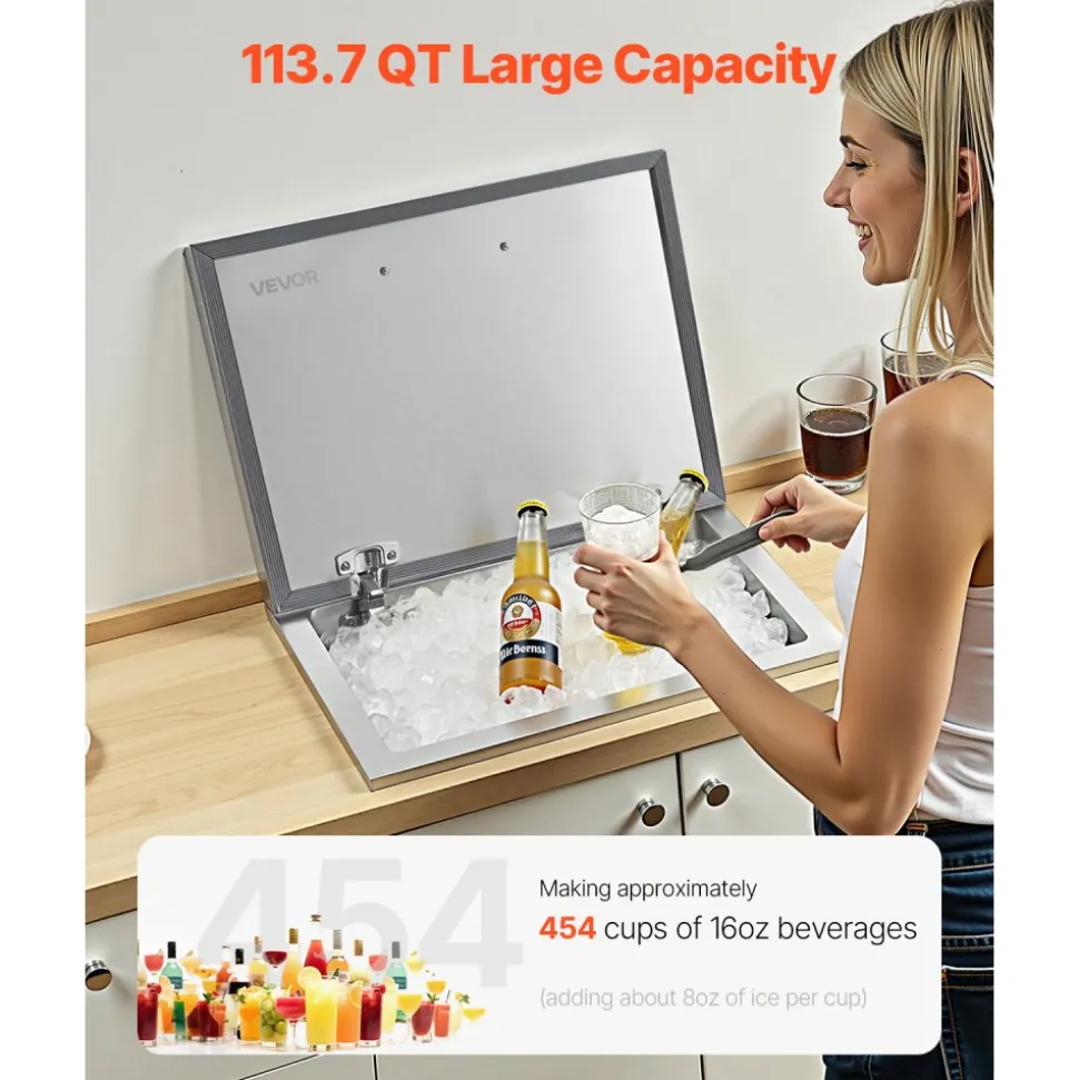 VEVOR Drop in Ice Chest, 28"L x 20"W x 17"H Stainless Steel Drop in Cooler, 113.7 Quart Commercial Ice Bin with Flip Lid for Outdoor Kitchen Patio Bar, Drain-pipe Set Included, for Cold Wine Beer