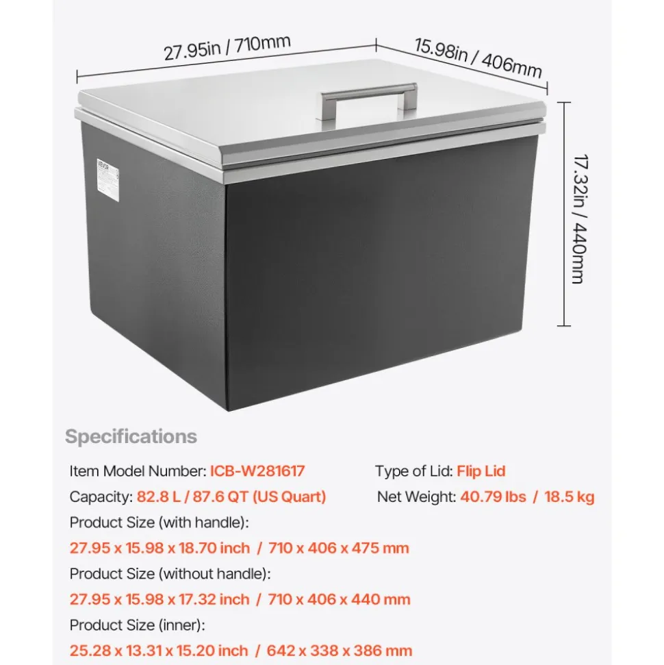 VEVOR Drop in Ice Chest, 28"L x 16"W x 17"H Stainless Steel Drop in Cooler, 87.6 Quart Commercial Ice Bin with Flip Lid for Outdoor Kitchen Patio Bar, Drain-pipe Set Included, for Cold Wine Beer