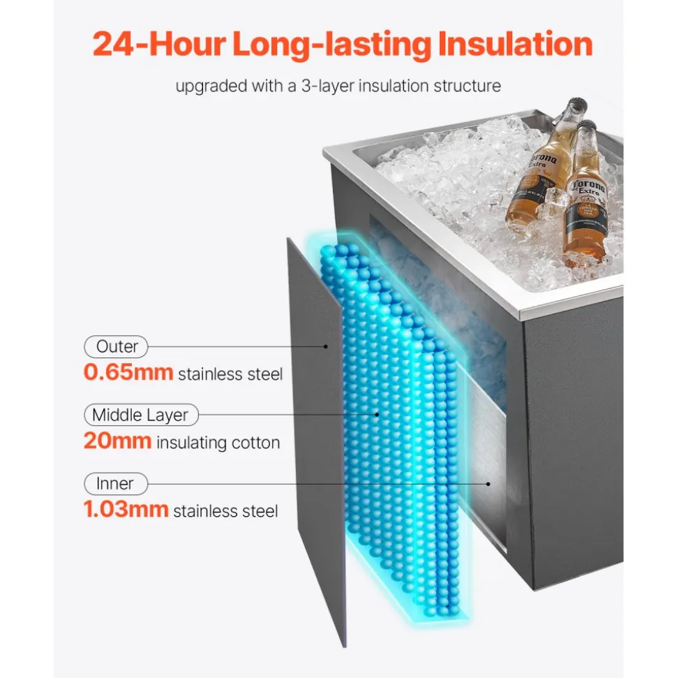 VEVOR Drop in Ice Chest, 28"L x 16"W x 17"H Stainless Steel Drop in Cooler, 87.6 Quart Commercial Ice Bin with Flip Lid for Outdoor Kitchen Patio Bar, Drain-pipe Set Included, for Cold Wine Beer