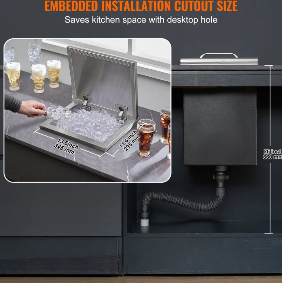 VEVOR Drop in Ice Chest, 14"L x 12"W x 18"H Stainless Steel Ice Cooler, Commercial Ice Bin with Hinged Cover, 40 qt Outdoor Kitchen Ice Bar, Drain-pipe and Drain Plug Included, for Cold Wine Beer