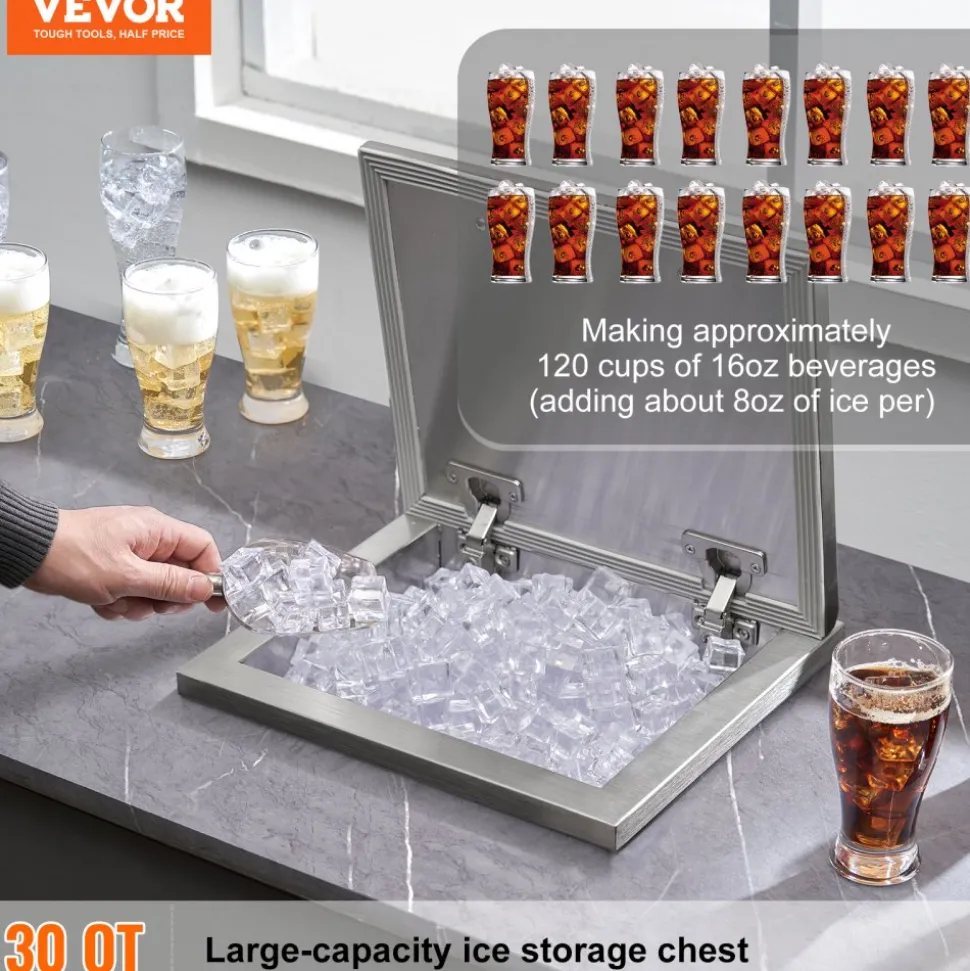 VEVOR Drop in Ice Chest, 14"L x 12"W x 18"H Stainless Steel Ice Cooler, Commercial Ice Bin with Hinged Cover, 40 qt Outdoor Kitchen Ice Bar, Drain-pipe and Drain Plug Included, for Cold Wine Beer