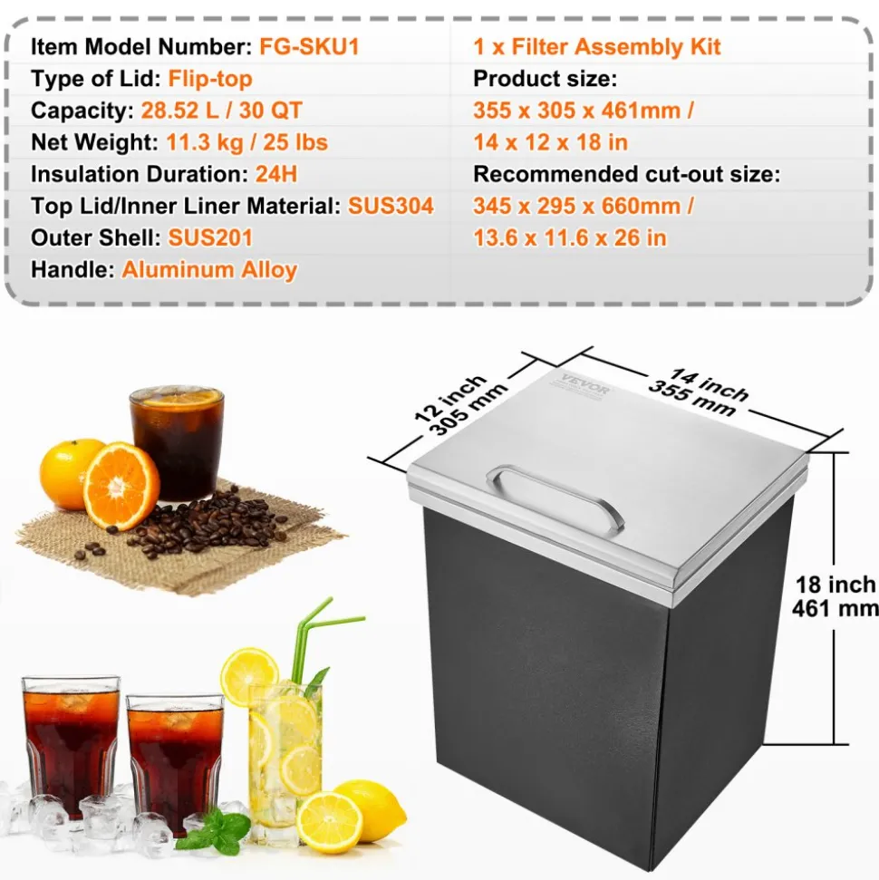 VEVOR Drop in Ice Chest, 14"L x 12"W x 18"H Stainless Steel Ice Cooler, Commercial Ice Bin with Hinged Cover, 40 qt Outdoor Kitchen Ice Bar, Drain-pipe and Drain Plug Included, for Cold Wine Beer