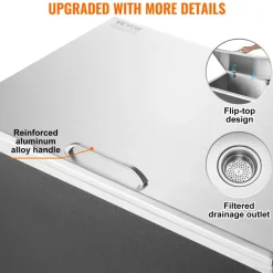 VEVOR Drop in Ice Chest, 28"L x 20"W x 17"H Stainless Steel Ice Cooler, Commercial Ice Bin with Hinged Cover, 40 qt Outdoor Kitchen Ice Bar, Drain-pipe and Drain Plug Included, for Cold Wine Beer