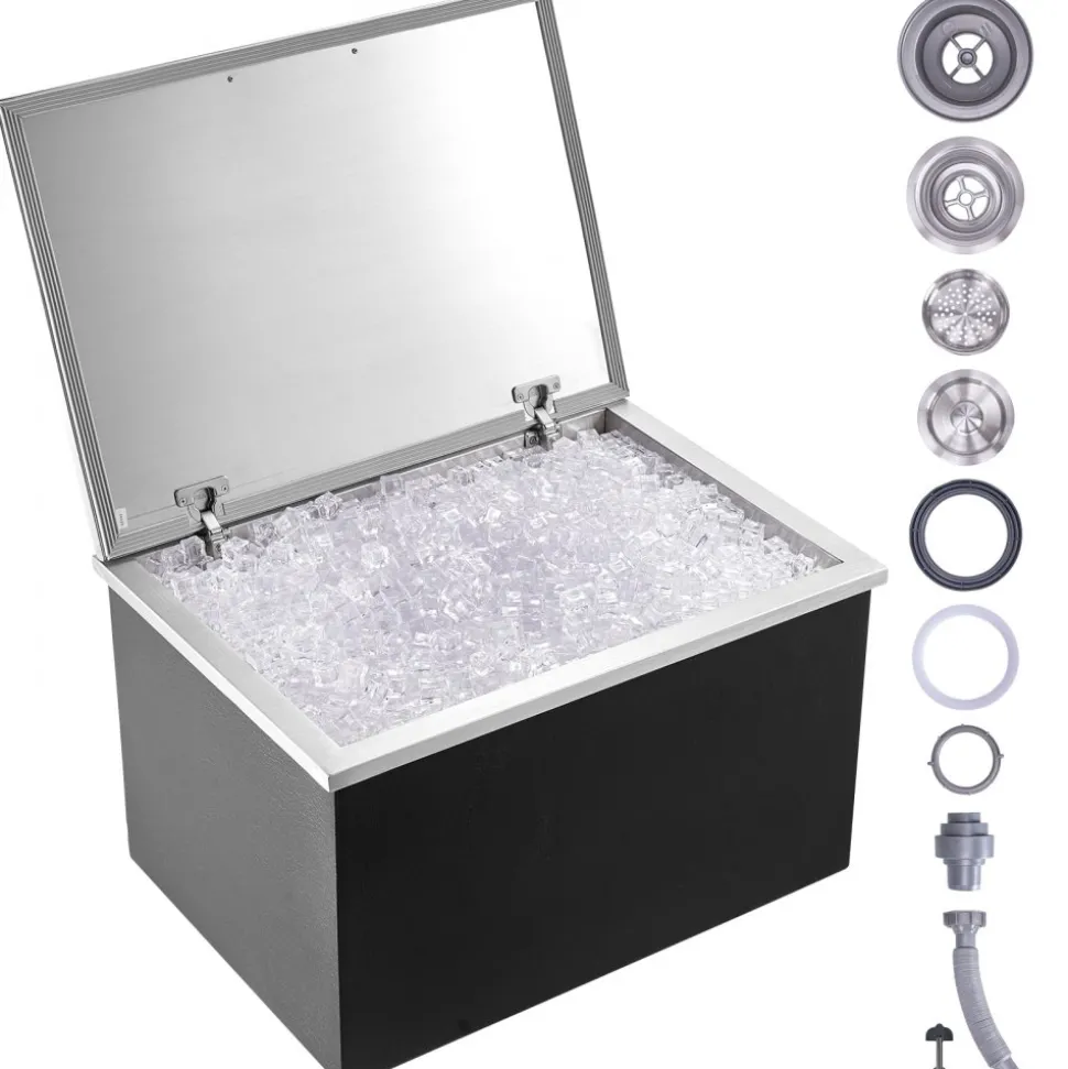 VEVOR Drop in Ice Chest, 28"L x 20"W x 17"H Stainless Steel Ice Cooler, Commercial Ice Bin with Hinged Cover, 40 qt Outdoor Kitchen Ice Bar, Drain-pipe and Drain Plug Included, for Cold Wine Beer