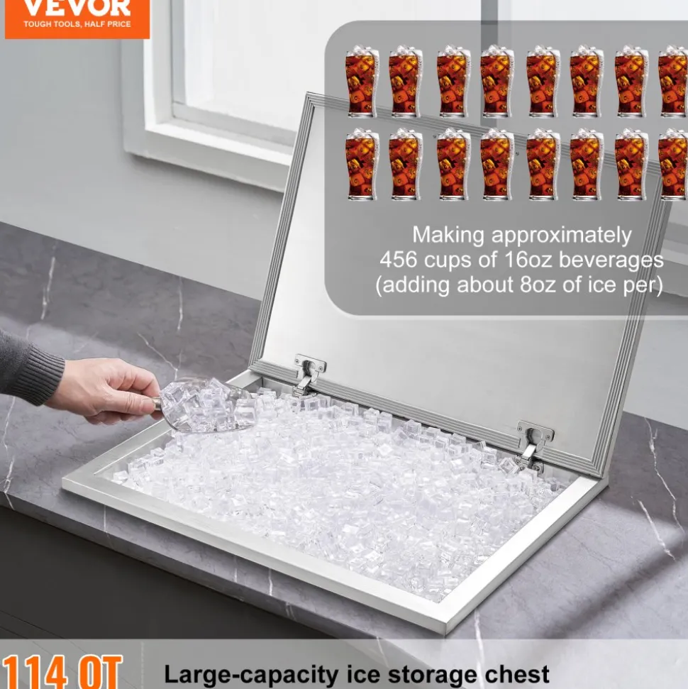 VEVOR Drop in Ice Chest, 28"L x 20"W x 17"H Stainless Steel Ice Cooler, Commercial Ice Bin with Hinged Cover, 40 qt Outdoor Kitchen Ice Bar, Drain-pipe and Drain Plug Included, for Cold Wine Beer