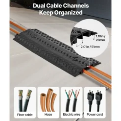 VEVOR Drop Over Cable Cover, 17,500 lbs/Axle Load Capacity, 2 Channel Heavy Duty Floor Cord Cover, Cable Hose Protector Ramp, for Indoor, High Walking Traffic Areas, Home, Office, Warehouse, 2 Pack