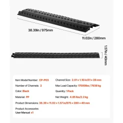 VEVOR Drop Over Cable Cover, 17,500 lbs/Axle Load Capacity, 2 Channel Heavy Duty Floor Cord Cover, Cable Hose Protector Ramp, for Indoor, High Walking Traffic Areas, Home, Office, Warehouse, 1 Pack