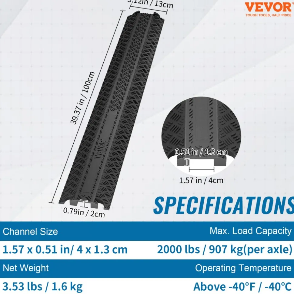 VEVOR Drop Over Cable Cover Ramp, 2,000 lbs/axle Load Capacity, Heavy Duty Cable Hose Protector Ramp, Floor Cord Cover for High Walking Traffic Areas Indoor Outdoor Home Office Warehouse School