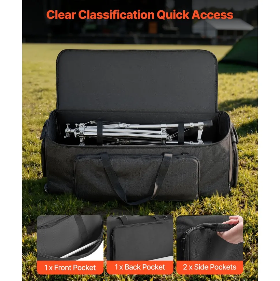 VEVOR Drum Hardware Bag with Wheels, 1680D, Drum Set Equipment Carry Bag, Carrying Case with Sturdy Handle, Durable Zipper, Smooth PVC Wheels, Multiple Pockets, for Hardware and Stand Accessory, Black