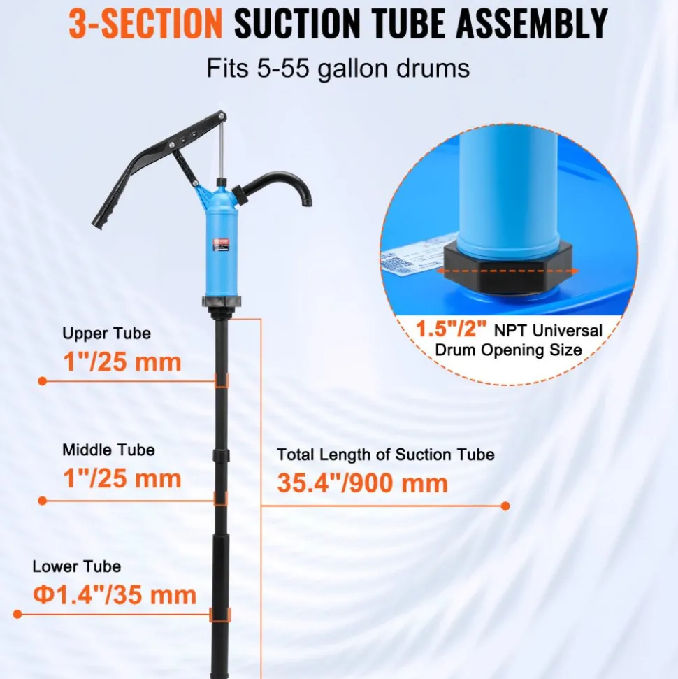VEVOR Drum Pump, 9.5 oz. Per Stroke, Lever-Action Barrel Pump, Fits 5-55 Gallon Drums with 3-Section Suction Tube Assembly & Hose, Hand Operated, Designed to Transfer Water, Alcohol, Corrosive Liquids