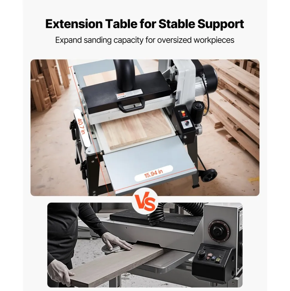 VEVOR 16" Drum Sander with Stand & Extension Tables, 1.5HP 1720RPM Dual Motor Drum Sander for Woodworking - Variable Speed Conveyor Belt, 4" Dust Collection Port for Cabinet & Furniture Finishing