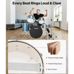 VEVOR Drum Set, 5-Piece 22 in Junior Drum Sets, Beginner Drums Set with Adjustable Throne, Cymbal, and Drumsticks, Musical Learning Drums Instrument Kit, for Beginner, Teens & Student (Gravel Blue)