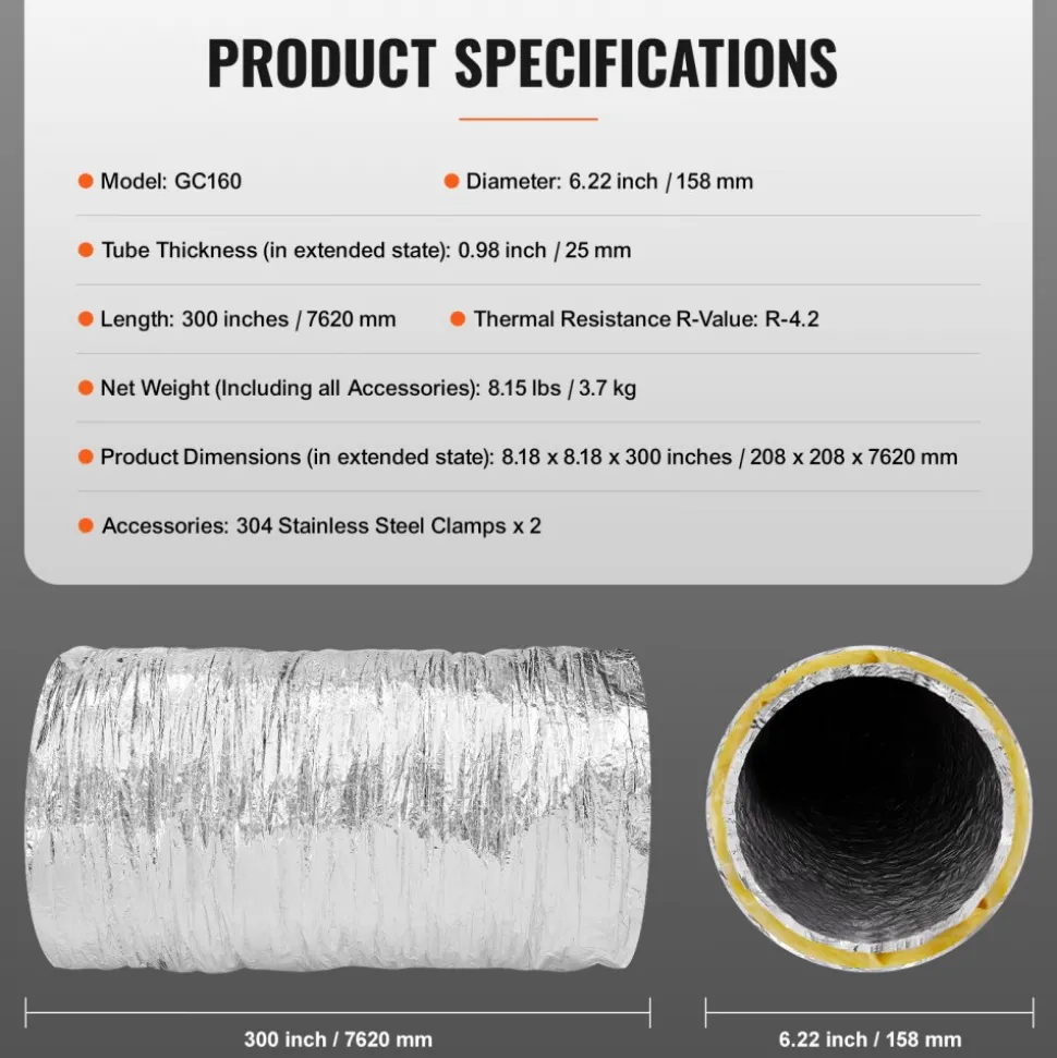 VEVOR Dryer Vent Hose, 6'' Insulated Flexible Duct 25FT Long with 2 Duct Clamps, Heavy-Duty Three Layer Protection for HVAC Heating Cooling Ventilation and Exhaust, R-4.2 Flame Resistance Value