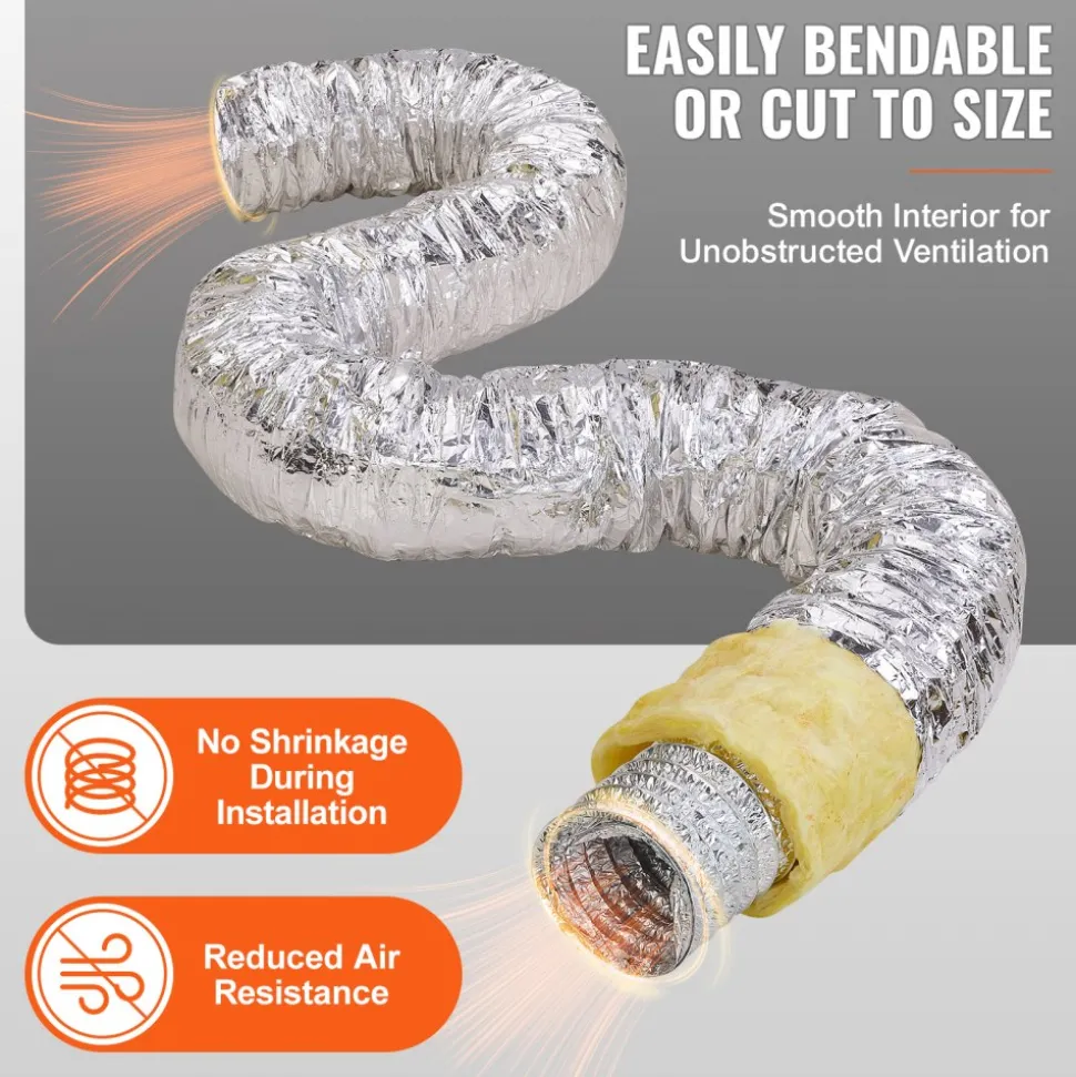 VEVOR Dryer Vent Hose, 6'' Insulated Flexible Duct 25FT Long with 2 Duct Clamps, Heavy-Duty Three Layer Protection for HVAC Heating Cooling Ventilation and Exhaust, R-4.2 Flame Resistance Value