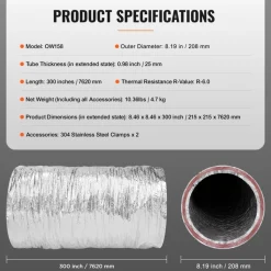 VEVOR Dryer Vent Hose, 6'' Insulated Flexible Duct 25FT Long with 2 Duct Clamps, Heavy-Duty Three Layer Protection for HVAC Heating Cooling Ventilation and Exhaust, R-6.0 Flame Resistance Value